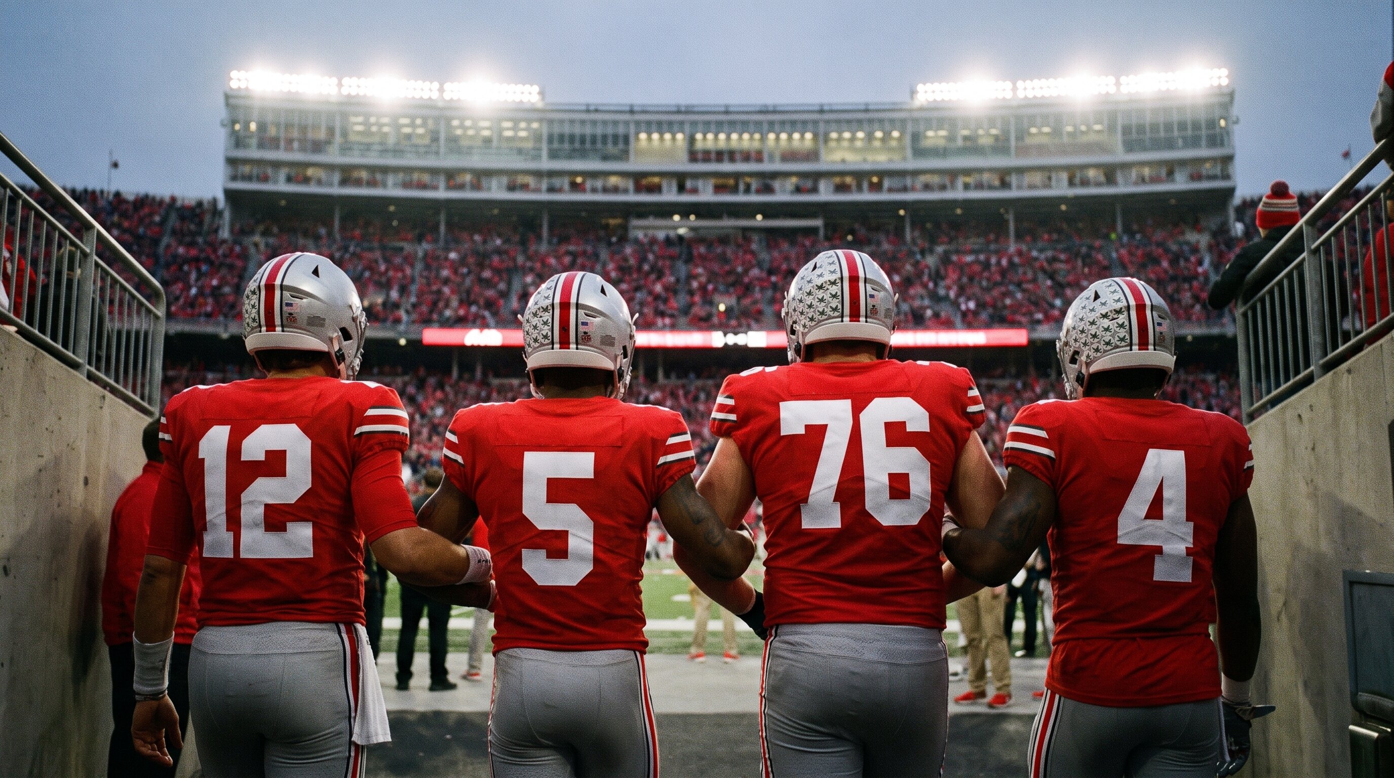 Four Ohio State football players in scarlet jerseys and silver helmets, hands linked as they walk out of the stadium tunnel
