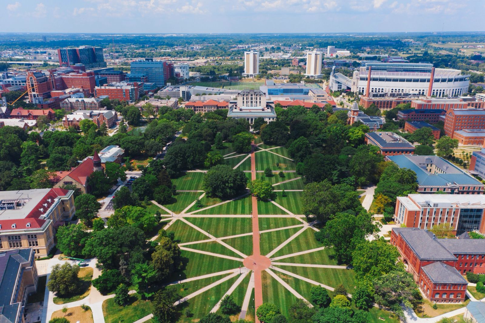 Aerial view of the Ohio State Oval with Ohio Stadium on the horizon